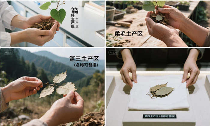 淫羊藿药材图（标注箭叶、柔毛等4个主产区）