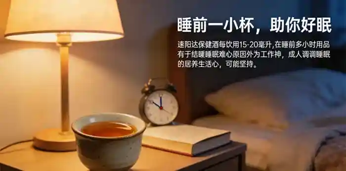 失眠睡不着入睡困难是什么原因引起的?速阳达如何改善睡眠质量插图3 展示改善睡眠质量的睡前饮用场景。速阳达保健酒每日饮用15-20毫升,于睡前1小时服用,有助于缓解入睡困难是什么原因引起的心神不宁。此为成人调理失眠的居家养生方式,需长期坚持。