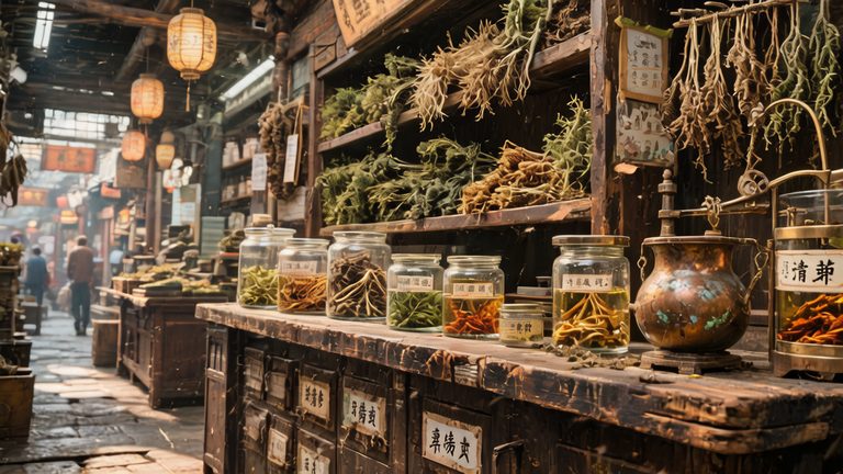 亳州康美中药城药材档口泡酒选酒场景，老黄药材铺实景